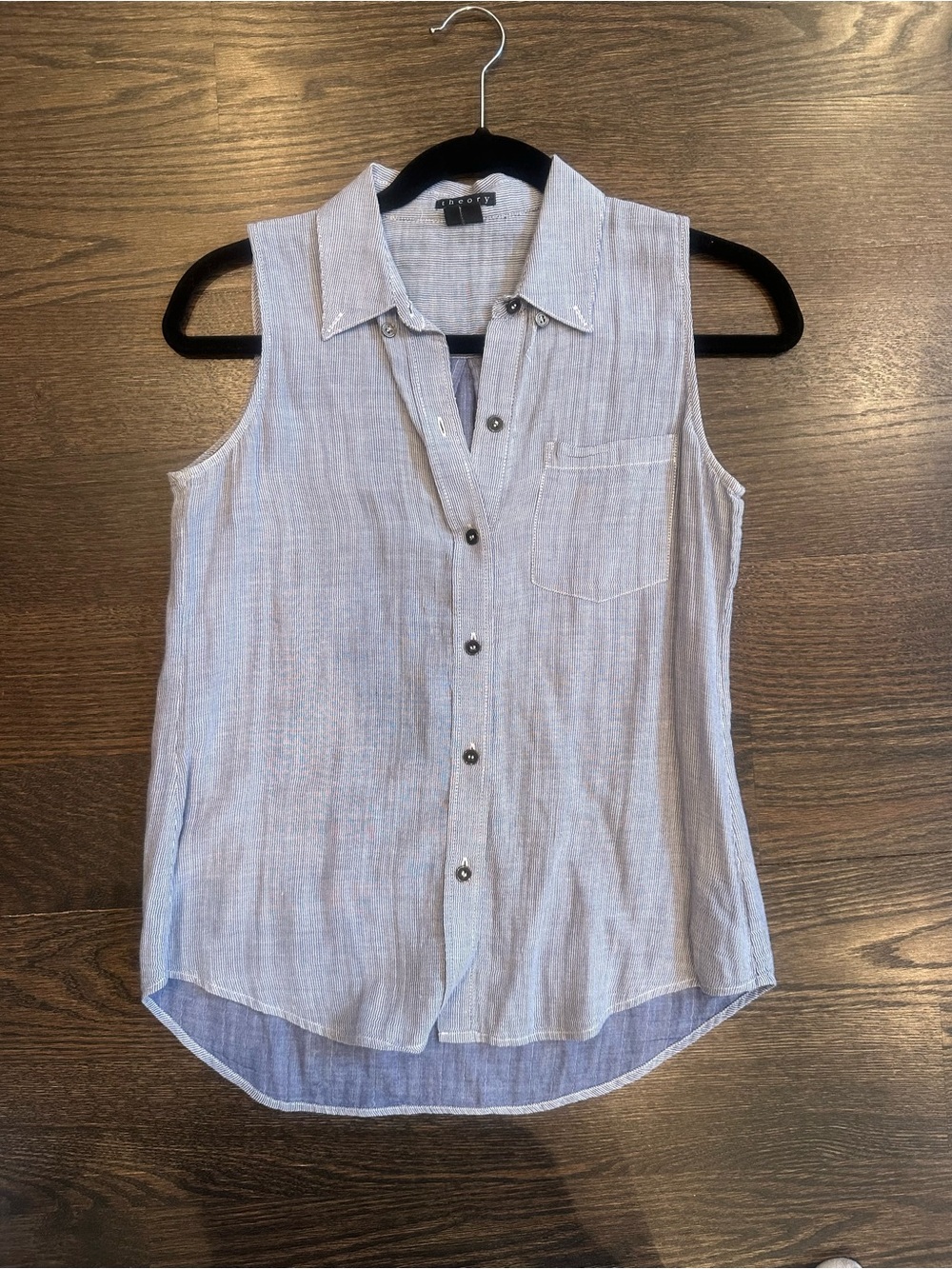 Theory Striped Sleeveless Button-Up in Light Blue and White